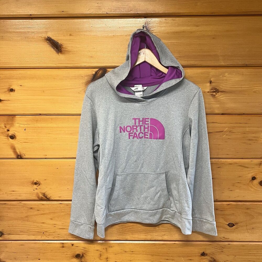 The North Face Women's Pullover Fleece Hoodie Pockets Logo Gray Purple Size L